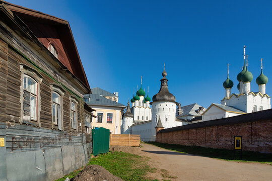 Rostov the Great, Russia - September 24, 2023: street of the old city near the Kremlin wall, Golden Ring of Russia