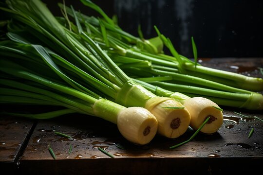 Fresh spring onions sprinkled with water in a black background