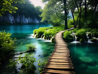A tranquil path leads over a peaceful river, surrounded by lush trees and vibrant plants, towards the breathtaking plitvice lakes national park - Powered by Adobe