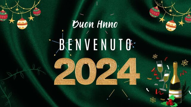 Felice anno nuovo, benvenuto 2024 design del testo animato. Sfondo verde e tema natalizio.Translate:Happy New Year, Welcome 2024 animated text design . Green background and christmas theme.
