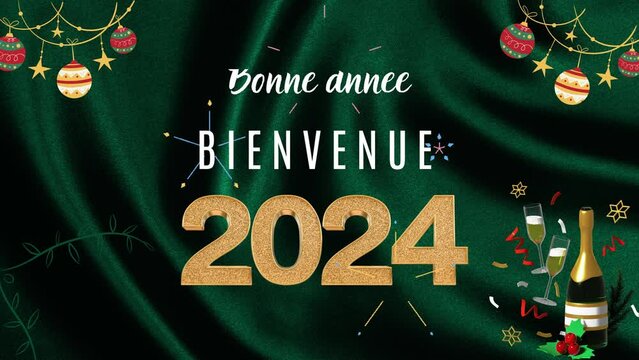 Bonne ann&eacute;e, bienvenue 2024 conception de texte anim&eacute;. Fond vert et th&egrave;me de No&euml;l.Translation:Happy New Year, Welcome 2024 animated text design . Green background and christmas theme.