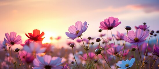 Sunset reveals blooming cosmos flowers - obrazy, fototapety, plakaty