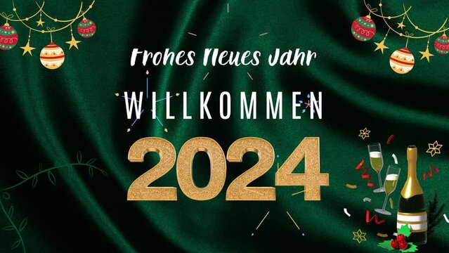 Frohes Neues Jahr, Willkommen 2024, animiertes Textdesign. Gr&uuml;ner Hintergrund und Weihnachtsthema.Translation:Happy New Year, Welcome 2024 animated text design . Green background and christmas theme.
