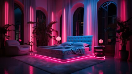 A bedroom with neon lights highlighting architectural details like columns and cornices.