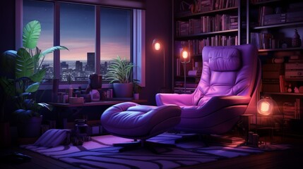A bedroom with neon purple lighting illuminating a cozy reading nook with a plush chair.