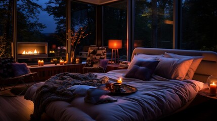 A cozy bedroom with neon lighting illuminating a comfortable window bench filled with pillows.