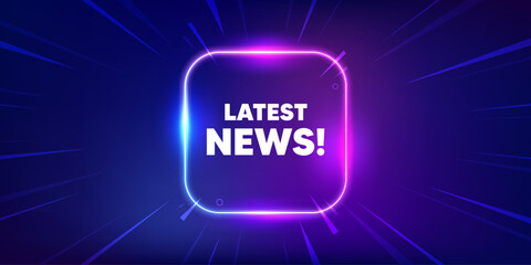 Latest news tag. Neon light frame box banner. Media newspaper sign. Daily information symbol. Latest news neon light frame message. Vector