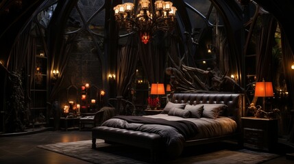 A luxurious bedroom with a neon-lit chandelier and plush bedding.