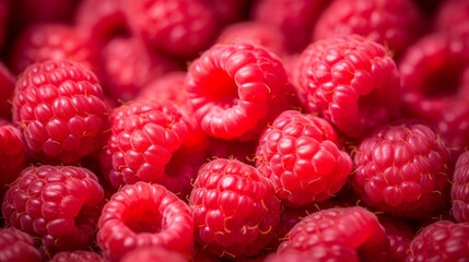 A background composed of fresh, juicy, and ripe raspberries, captured in striking macro photography with a shallow depth of field.