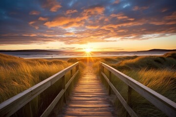 landscape with wooden beach access path during sunset, beautiful sky backlight scene - obrazy, fototapety, plakaty