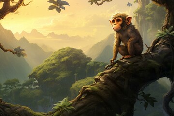 Monkey roaming rainforest. Generative AI