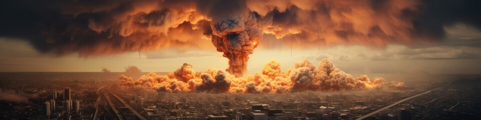 Nuclear explosion of atomic bomb in city. Town destroyed by atomic war. World war, last days of mankind. Environmental protection and the dangers of nuclear energy. End of world concept