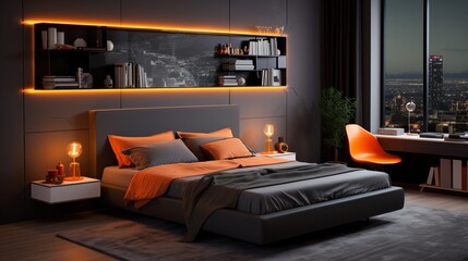 A modern bedroom with neon orange lighting illuminating a floating shelf with books and ornaments.