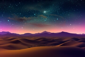 Scenic landscape featuring tranquil desert dunes and a vibrant gradient sky adorned with stars. Generative AI