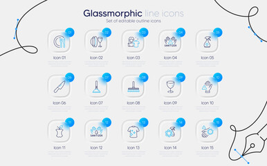 Set of Medical cleaning, Cleaning mop and Hand sanitizer line icons for web app. Organic waste, Knife, Clean t-shirt icons. Dont touch, Plunger, Dish plate signs. Clean hands, Wash hand, Glass. Vector
