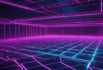 Cyan blue and purple grids neon glow light lines design on perspective floor creativity digital