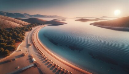 Early morning panoramic view of a Croatian beach. The sandy shores and clear waters reflect the tranquil mood of the dawn for travel agency advertising with scenic view - obrazy, fototapety, plakaty