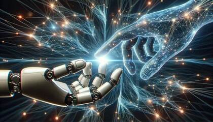 AI and Machine Learning concepts by means of robotic and artificial intelligence digital technology formed hands reaching out to each other - obrazy, fototapety, plakaty