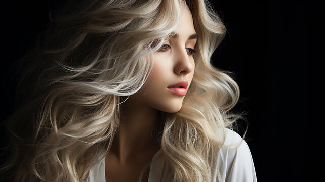 beauty portrait of a blonde woman with a curly hairstyle and make - up