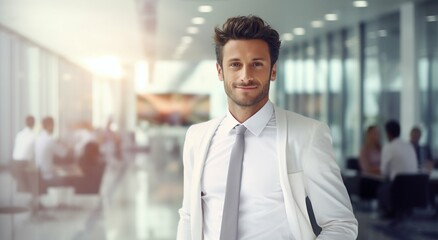 Obraz premium Focused American Businessman: Leading Amidst Office Dynamics. Generative ai