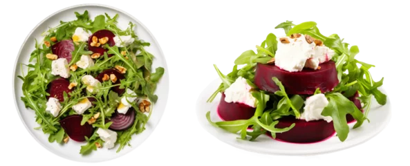 Poster Bundle of red beet and goat cheese salad with arugula (side and top view) isolated on white background © Flowal93