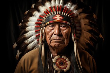Legacy Preserved: Elder Native American in Apache Chief Headdress. Generative ai