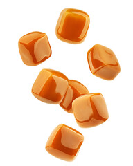 Falling Caramel candy, isolated on white background, full depth of field