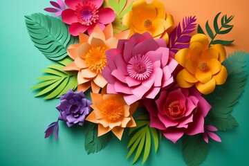 Bright paper flower arrangement on colorful cut background. Generative AI