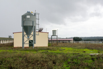Fototapeta na wymiar Livestock production center: Farm with livestock buildings and metal silo on a cloudy day.