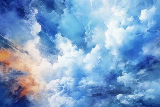 Abstract painting of a cloudy blue sky with a watercolor effect. Generative AI