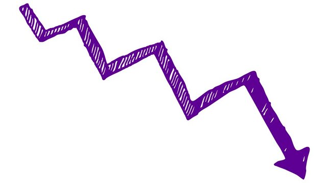 Animated violet arrow. Recession chart of economy. Economic crisis, recession, decrease graph. Profit down. Hand drawn vector illustration isolated on white background.