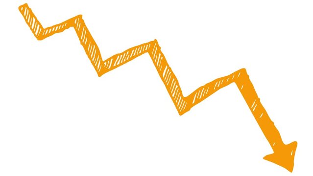 Animated orange arrow. Recession chart of economy. Economic crisis, recession, decrease graph. Profit down. Hand drawn vector illustration isolated on white background.