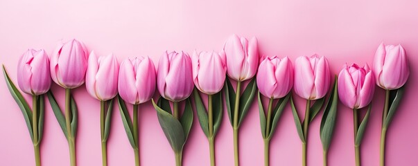 Tulips on light pink background. Happy Easter. Greeting card for women's or mother's say or spring sale banner. Valentine's Day, Birthday celebration concept. Flat lay, top view with copy space
