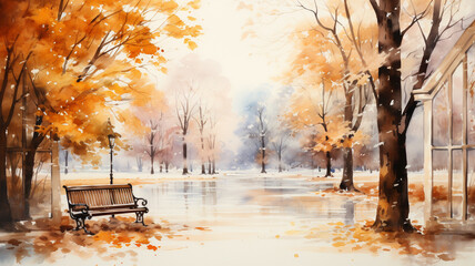 autumn landscape with a bench - obrazy, fototapety, plakaty