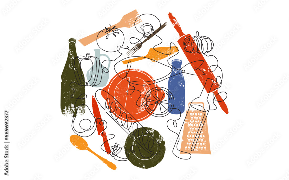 Wall mural vector illustration with food and utensils. cooking ingredients. kitchen poster.