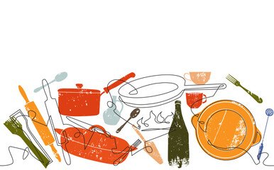 Background with utensils. Kitchen horizontal pattern. Vector illustration.