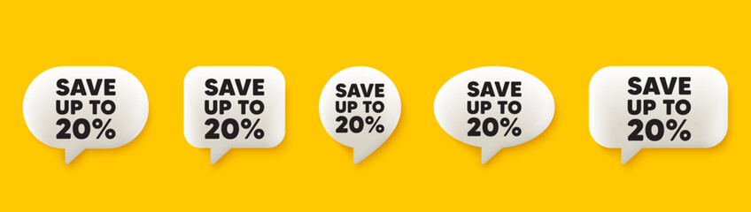 Save up to 20 percent tag. 3d chat speech bubbles set. Discount Sale offer price sign. Special offer symbol. Discount talk speech message. Talk box infographics. Vector - obrazy, fototapety, plakaty