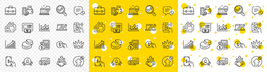 Outline Portfolio, Investment and Graph chart line icons pack for web with Finance calculator, Analytics, Receive money line icon. Statistic, Deal, Sales diagram pictogram icon. Card. Vector