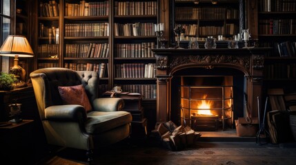 A cozy library with a fireplace and shelves of old books. A sense of nostalgia and intellectual...
