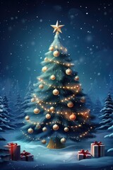 Christmas tree in snowy landscape. Holidays background
