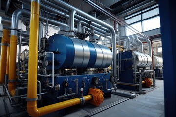 Fototapeta na wymiar Modern boiler room with gas boilers, industrial heating.