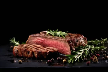 Selbstklebende Fototapeten Juicy beef steak with rosemary and pepper on a dark background. © Lubos Chlubny