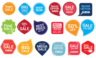 Set of Sale badges sticker. Sale quality tags and labels. Special offer, sale, discount, shop, black Friday. Template banner shopping badges. Vector illustration.