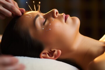 Woman in an acupuncture therapy on head at salon. - obrazy, fototapety, plakaty