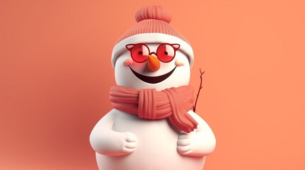Cute snowman in scarf and hat. AI Generated
