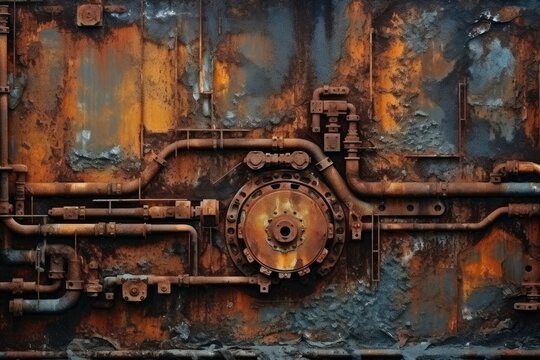 Industrial background. Rusty metal texture with gears and cogwheels. Generative Ai