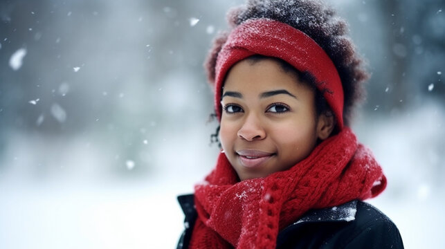 African-American woman wearing a red scarf and hat. AI Generated