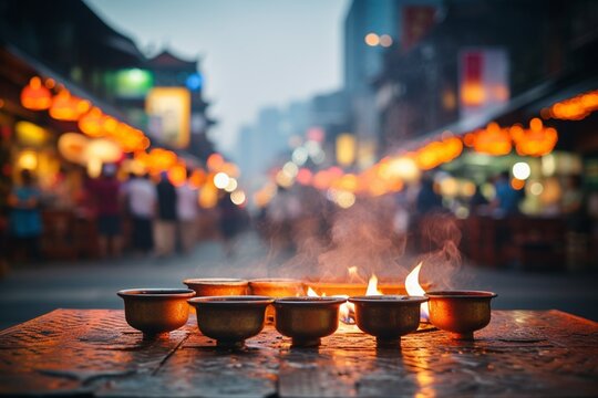 Candle Scene in China Town with Atmospheric Imagery and Melting Pots