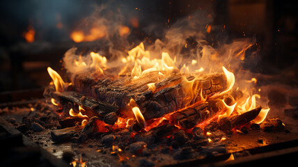 burning firewood on fireplace in the winter