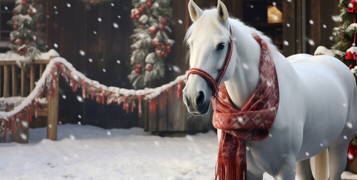 Festive Steed: White Horse Adorned with a Red Christmas Scarf. Generative ai